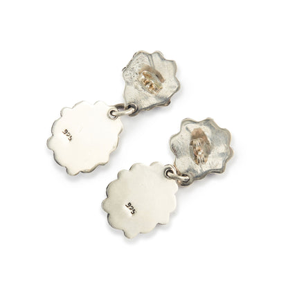 Lovely vintage oxidised sterling silver drop earrings, each set with an oval amethyst cabochon gemstone.