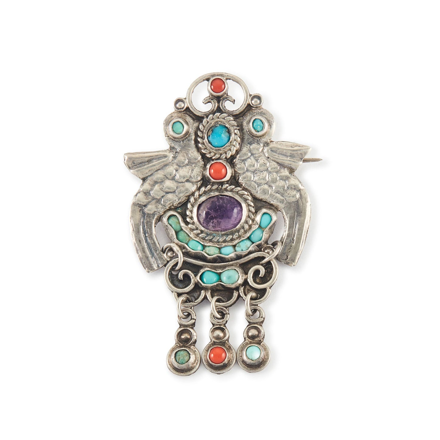 Charming vintage MATL style sterling silver Mexican brooch depicting two birds, set with turquoise, amethyst and coral gemstones. Taxco. Maker: CEL