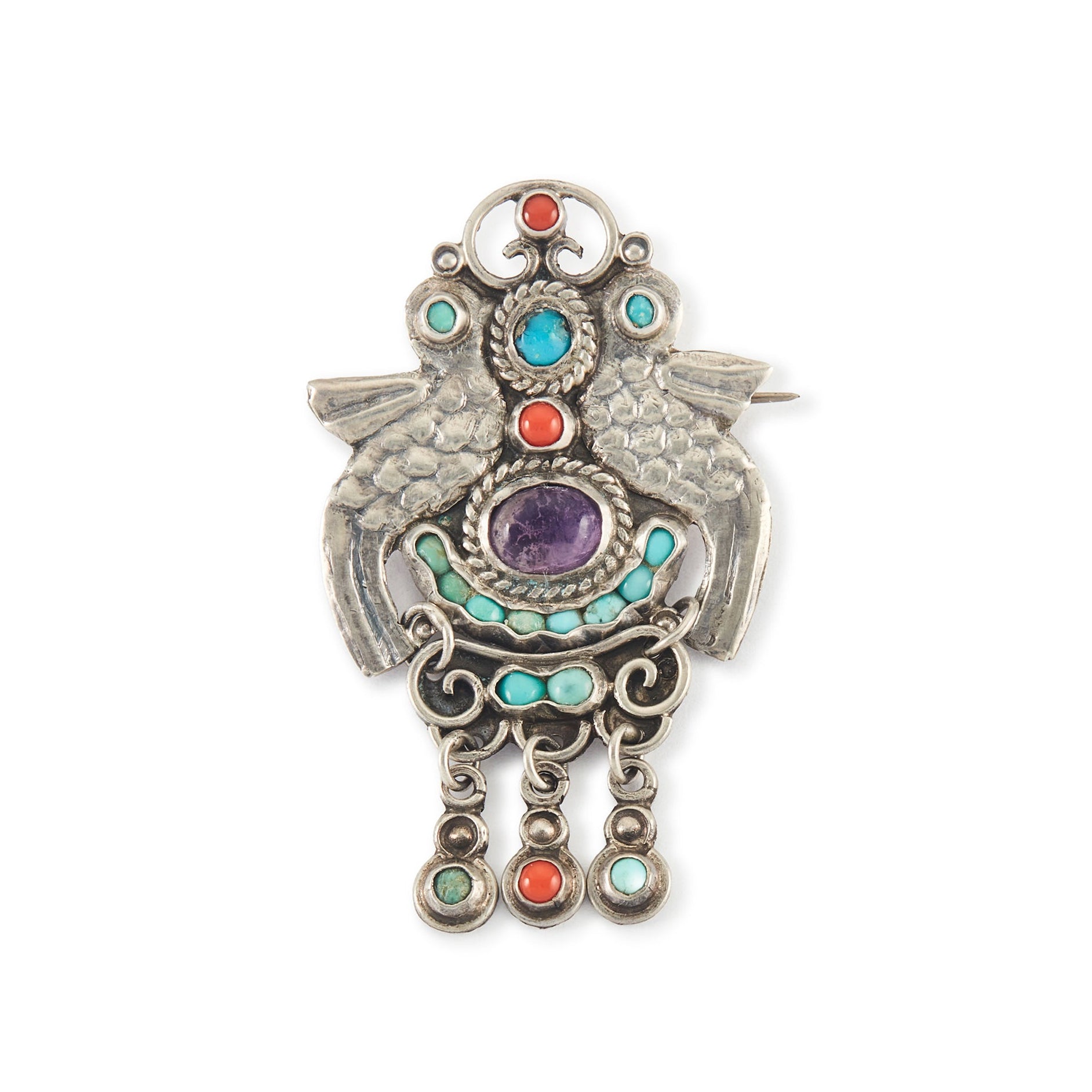 Charming vintage MATL style sterling silver Mexican brooch depicting two birds, set with turquoise, amethyst and coral gemstones. Taxco. Maker: CEL