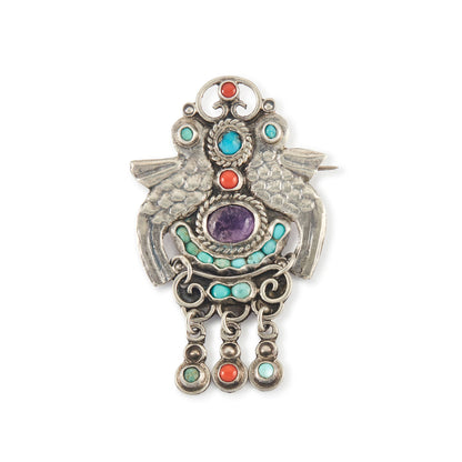 Charming vintage MATL style sterling silver Mexican brooch depicting two birds, set with turquoise, amethyst and coral gemstones. Taxco. Maker: CEL