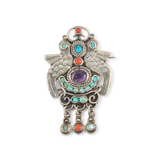 Charming vintage MATL style sterling silver Mexican brooch depicting two birds, set with turquoise, amethyst and coral gemstones. Taxco. Maker: CEL