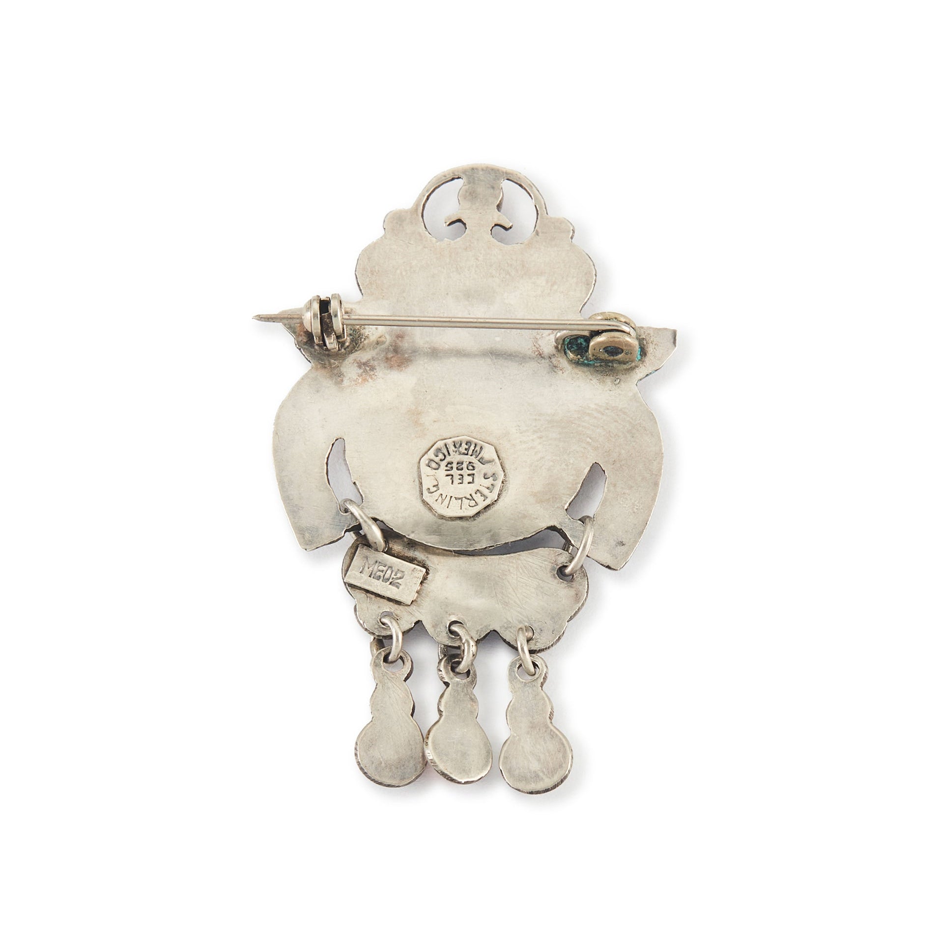 Charming vintage MATL style sterling silver Mexican brooch depicting two birds, set with turquoise, amethyst and coral gemstones. Taxco. Maker: CEL