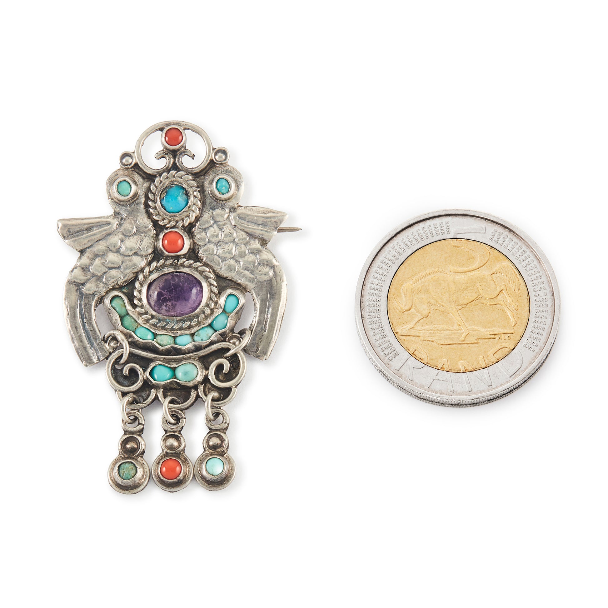 Charming vintage MATL style sterling silver Mexican brooch depicting two birds, set with turquoise, amethyst and coral gemstones. Taxco. Maker: CEL