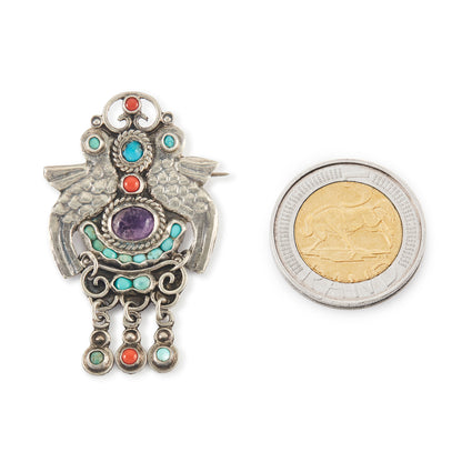 Charming vintage MATL style sterling silver Mexican brooch depicting two birds, set with turquoise, amethyst and coral gemstones. Taxco. Maker: CEL