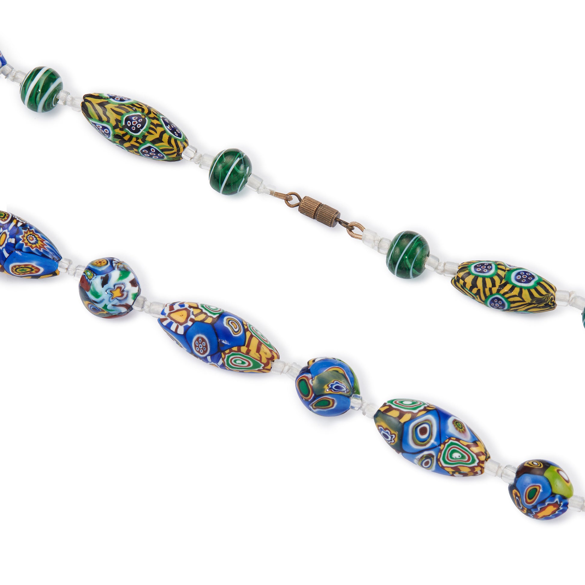 Vintage necklace made up of sought after Italian Millefiore beads, interspersed with glass lampwork and seed beads. The beads have a lovely, vibrant array of blue, green, yellow, red and brown colours.