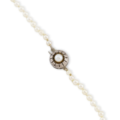 Graduated string of lustrous vintage cultured seawater pearls with sterling silver clasp set with a single pearl.