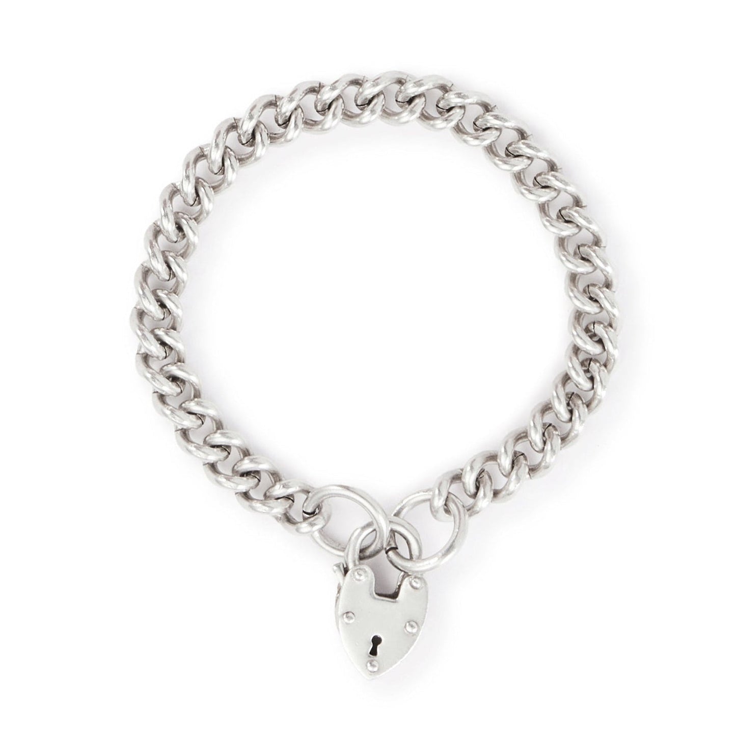 Classic silver curb link bracelet with a chunky padlock. The links are solid.