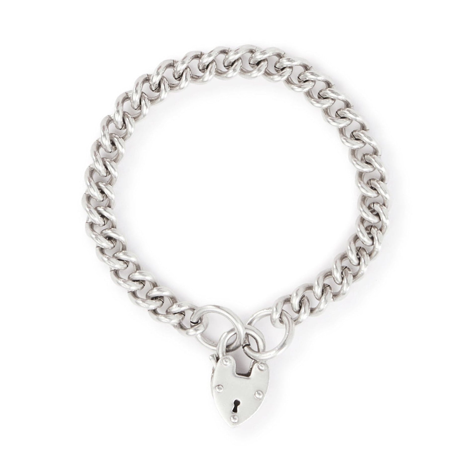 Classic silver curb link bracelet with a chunky padlock. The links are solid.