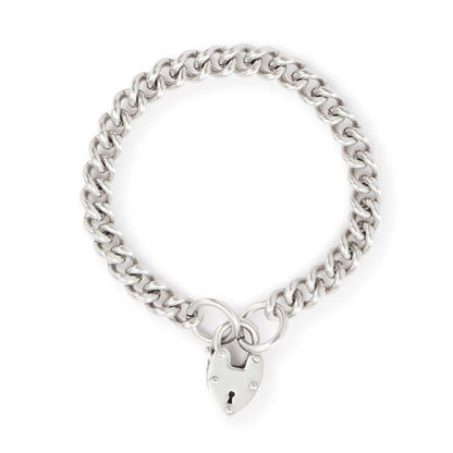 Classic silver curb link bracelet with a chunky padlock. The links are solid.