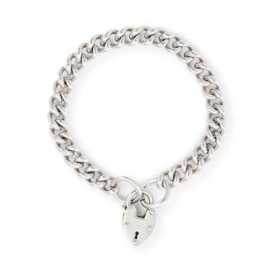 Classic silver curb link bracelet with a chunky padlock. The links are solid.