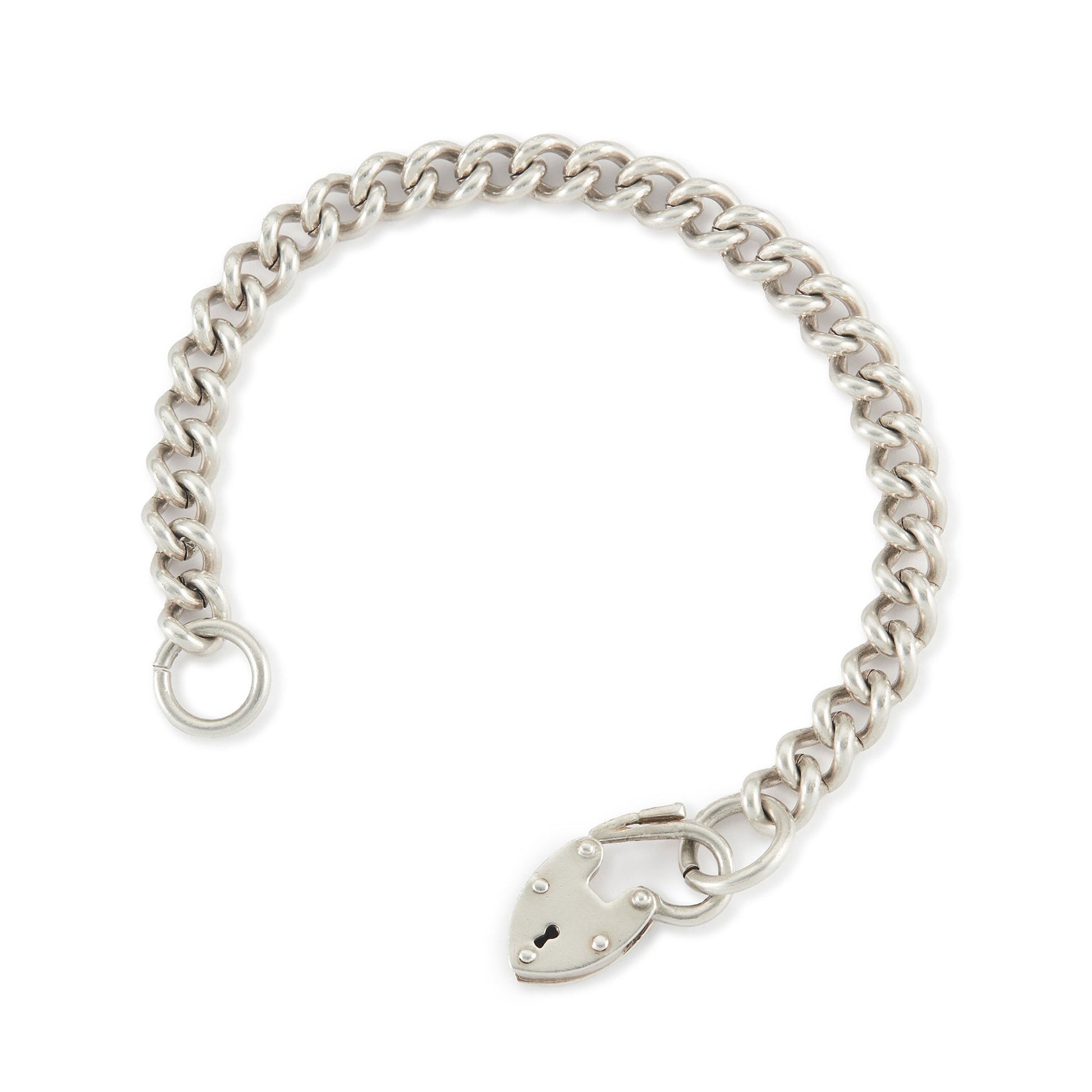 Classic silver curb link bracelet with a chunky padlock. The links are solid.
