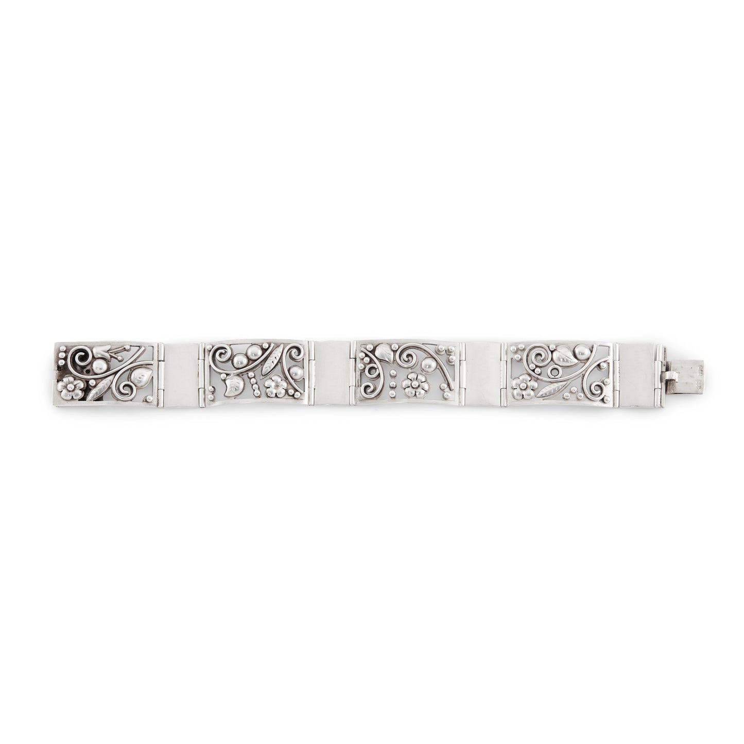 Elegant vintage handmade silver panel bracelet depicting flowers and leaves. German. Stamped AK 835.