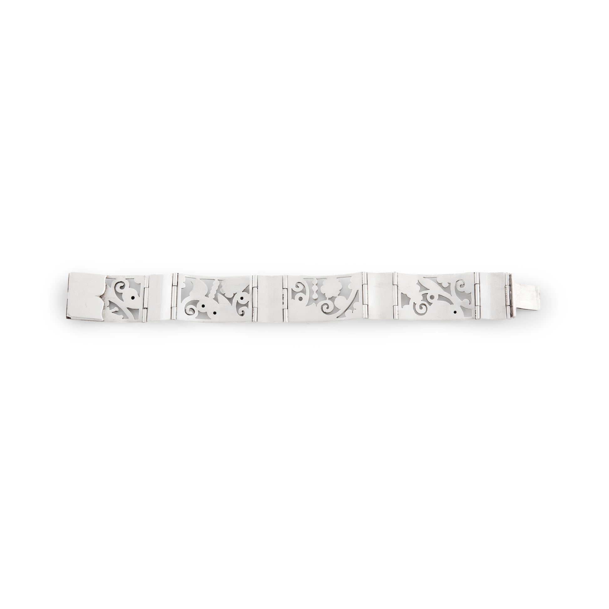 Elegant vintage handmade silver panel bracelet depicting flowers and leaves. German. Stamped AK 835.