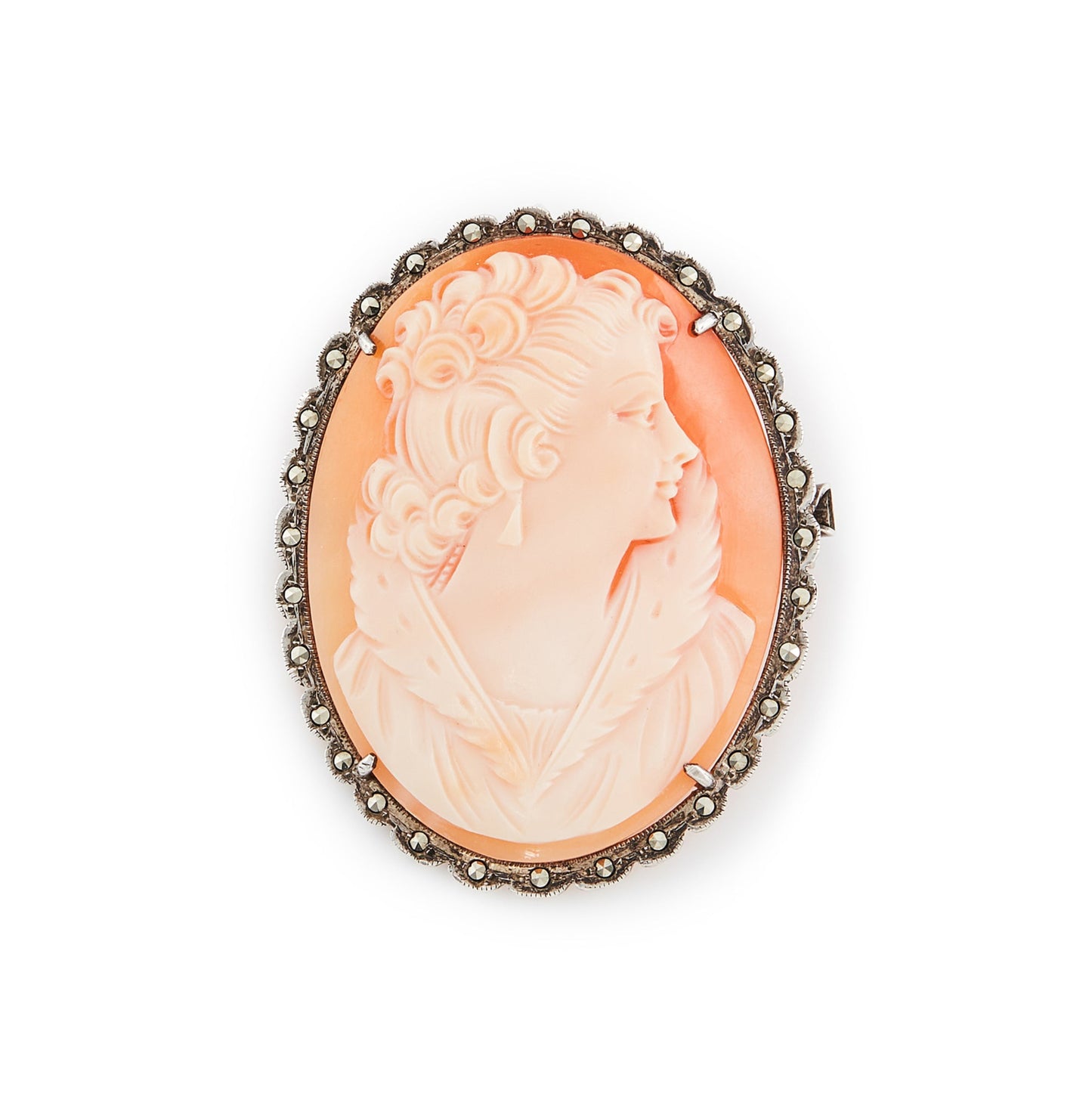 Beautifully carved classic cameo set in a marcasite frame. Can also be worn as a brooch. Circa 1940s
