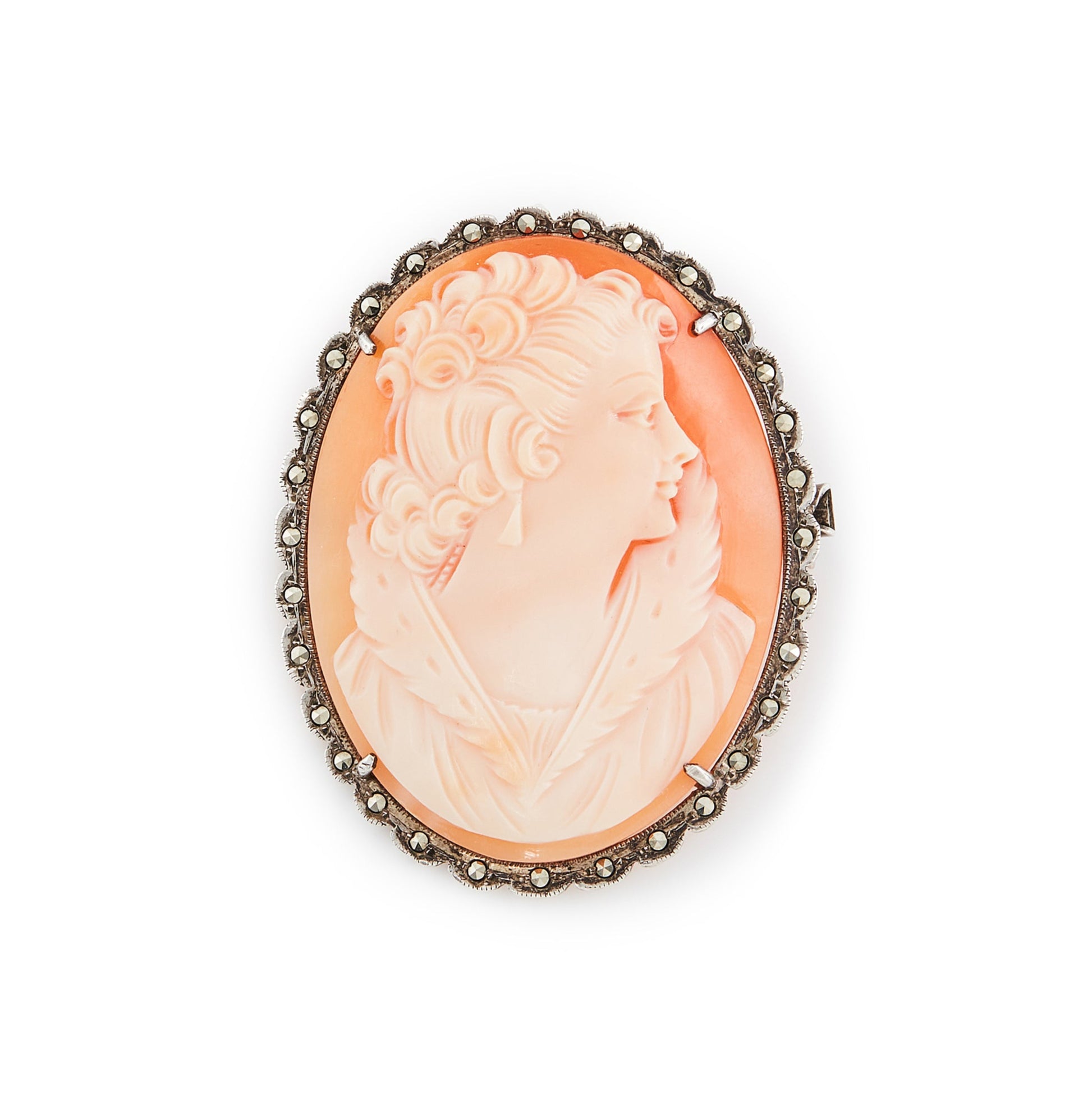 Beautifully carved classic cameo set in a marcasite frame. Can also be worn as a brooch. Circa 1940s