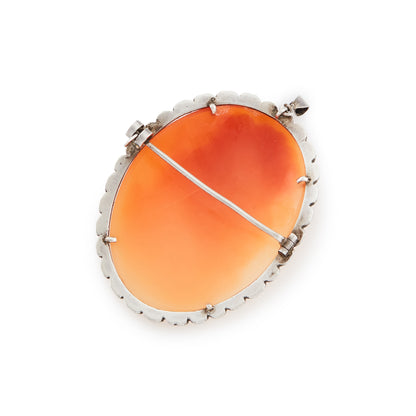 Beautifully carved classic cameo set in a marcasite frame. Can also be worn as a brooch. Circa 1940s