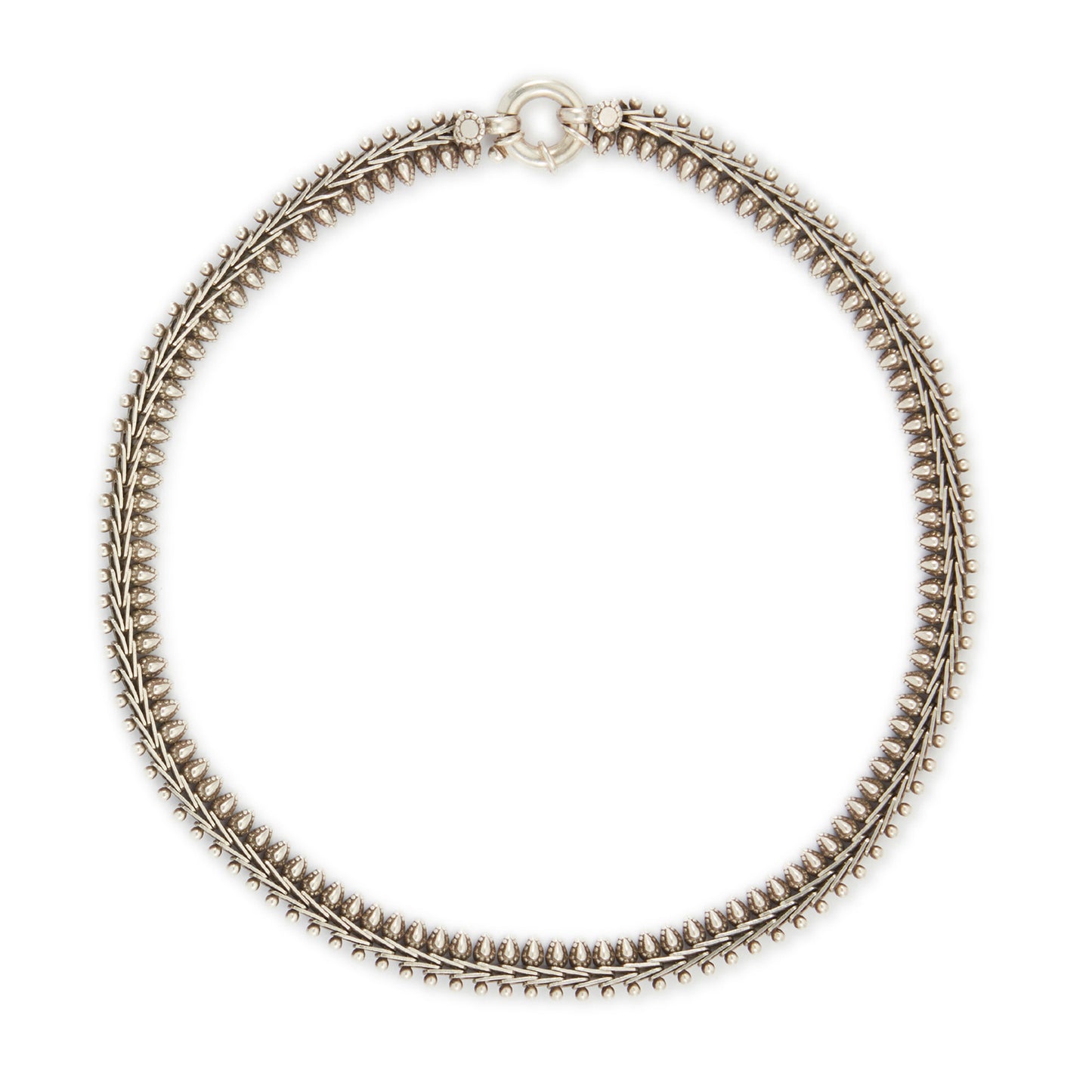Stylish silver choker necklace with ornate detail and a large bolt ring clasp.