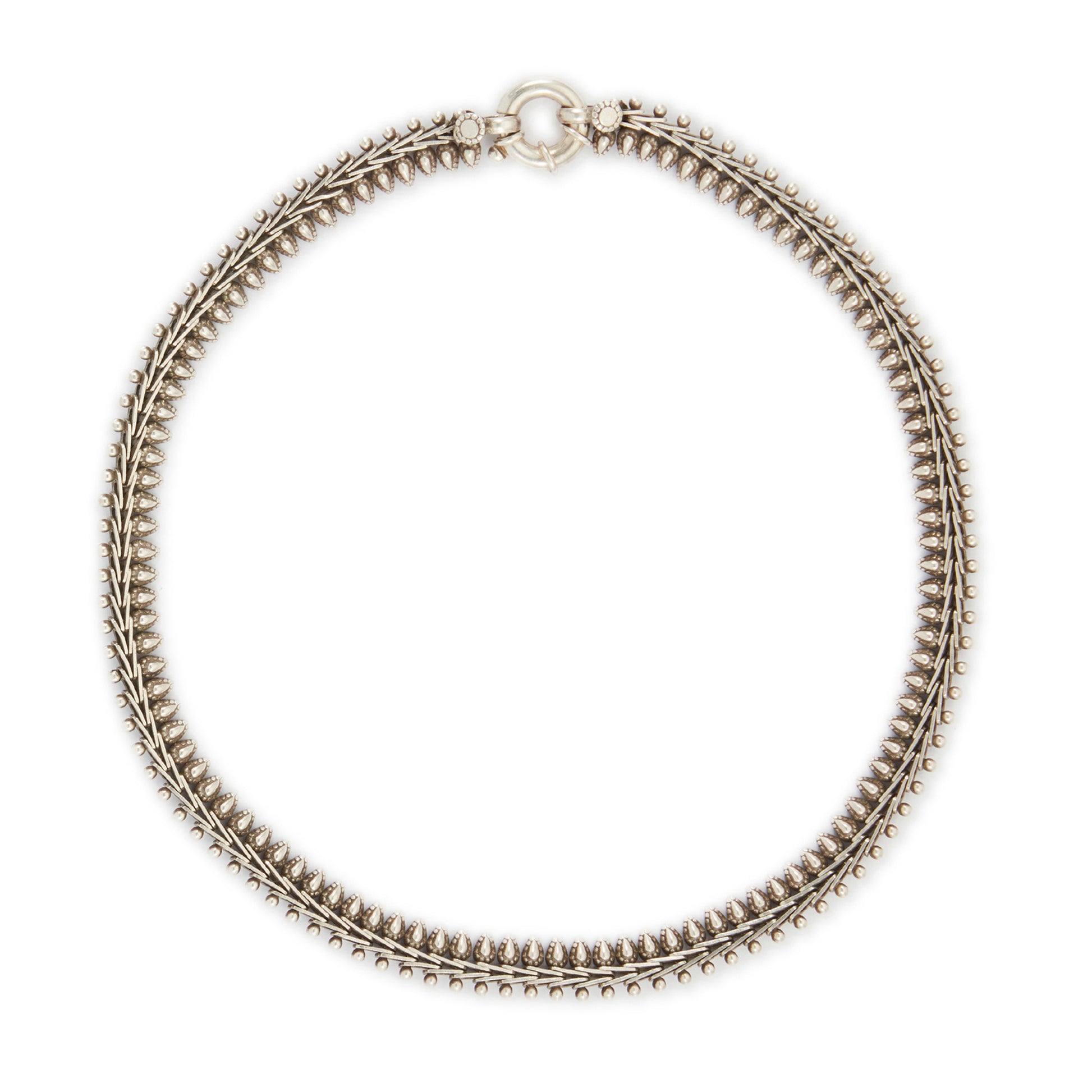 Stylish silver choker necklace with ornate detail and a large bolt ring clasp.