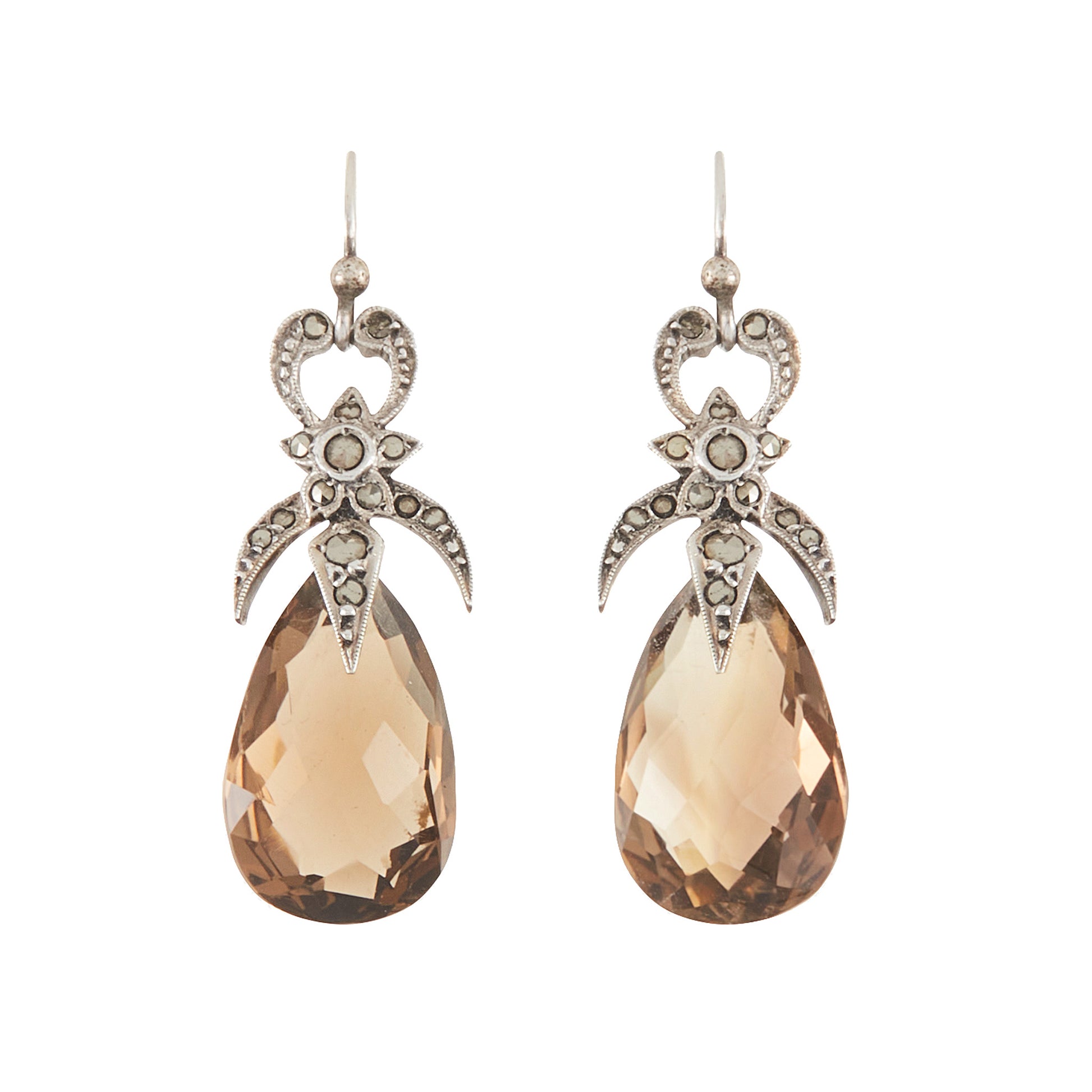 Lovely Art Deco silver dangling earrings set with marcasites and beautifully faceted pear-shaped smokey quartz drops.