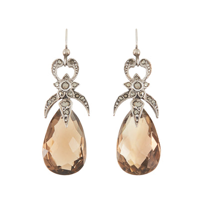 Lovely Art Deco silver dangling earrings set with marcasites and beautifully faceted pear-shaped smokey quartz drops.
