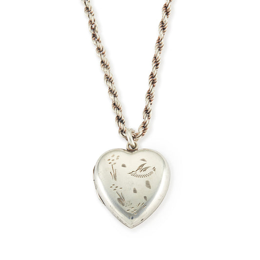 Pretty vintage silver puffy heart locket with engraving, on a sterling silver rope chain.