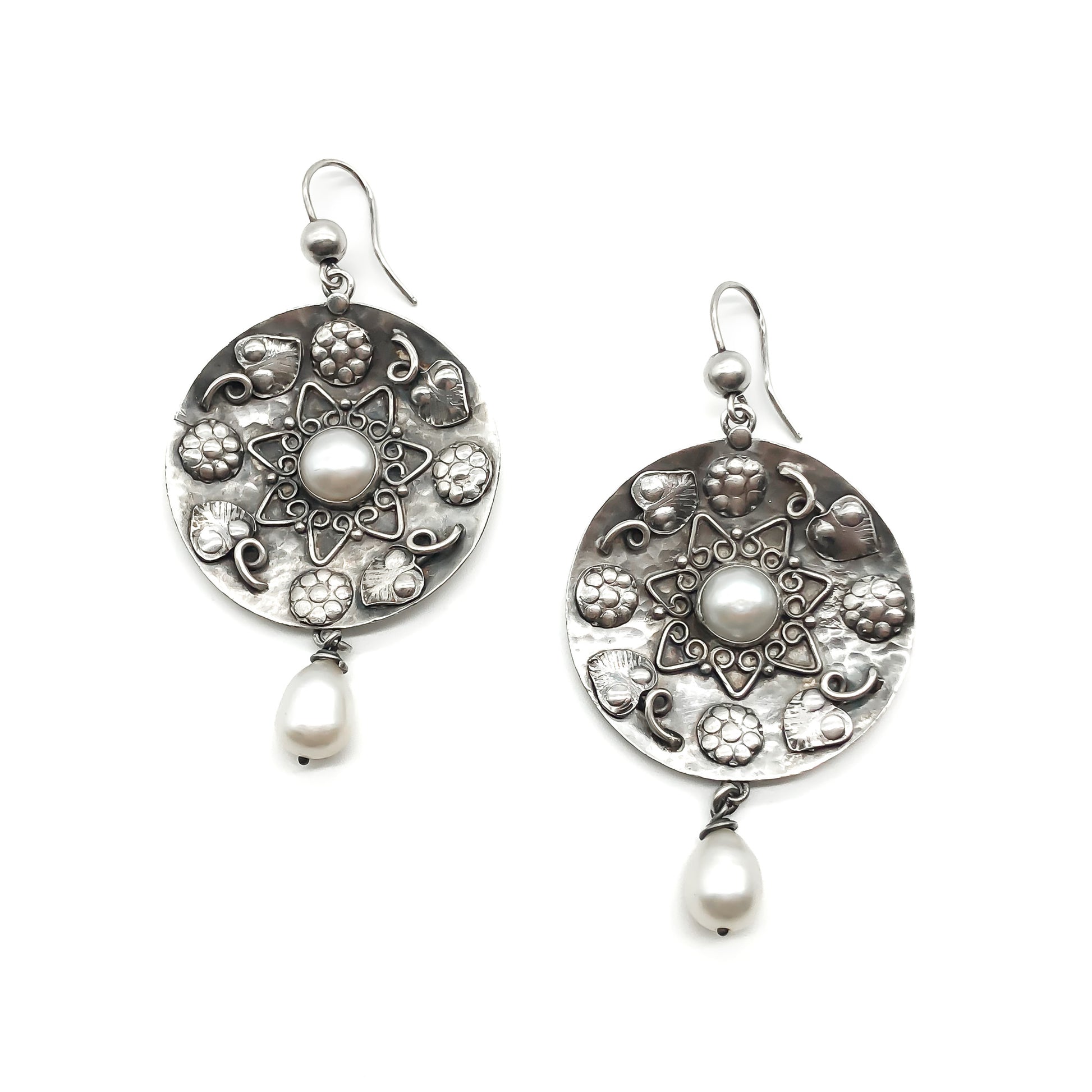 Stunning oxidised silver Arts and Crafts style earrings with dangling pearl drops.