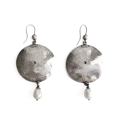 Stunning oxidised silver Arts and Crafts style earrings with dangling pearl drops.