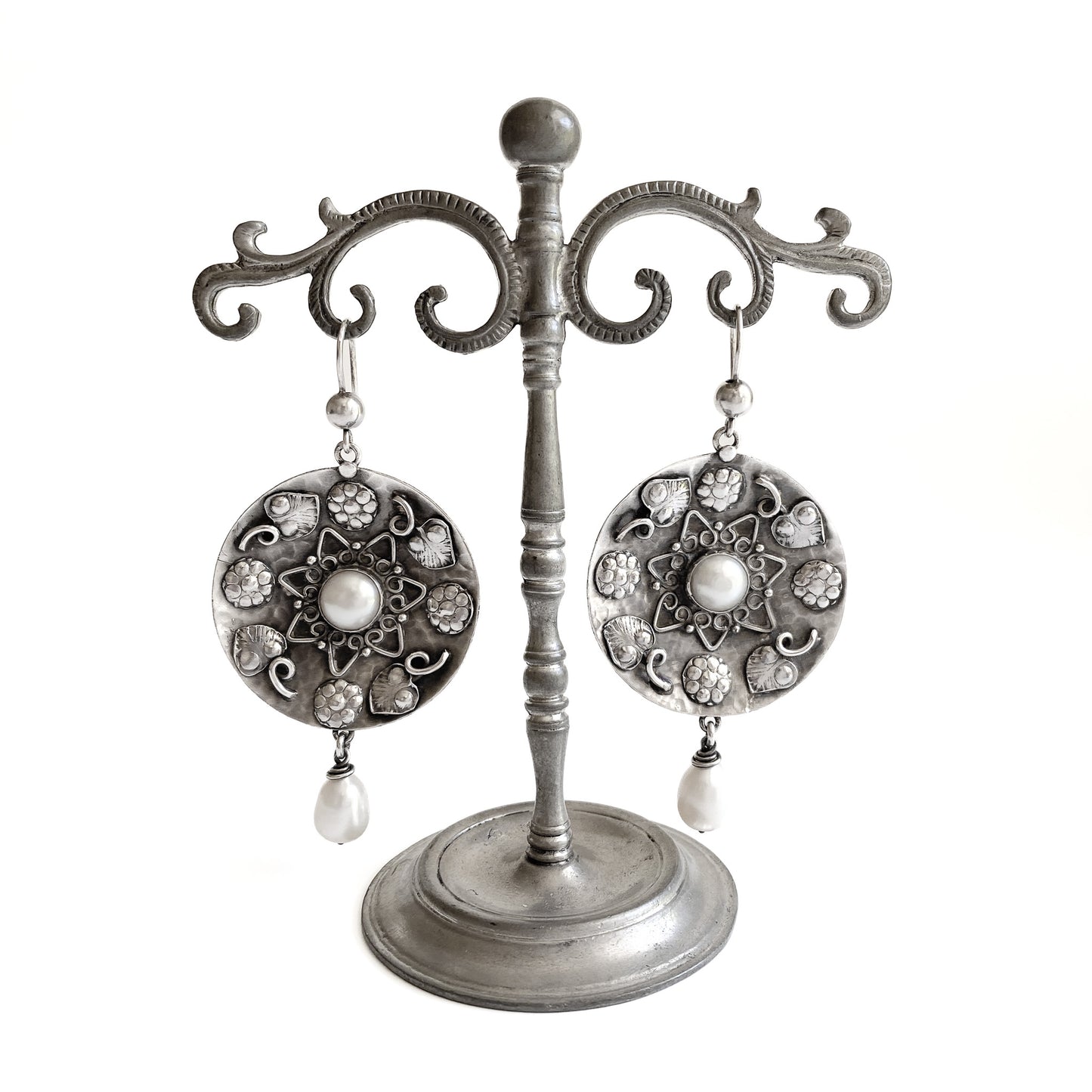 Stunning oxidised silver Arts and Crafts style earrings with dangling pearl drops.