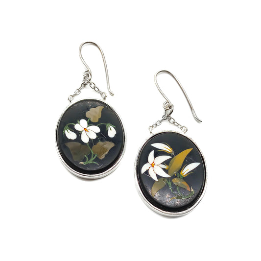 Vintage sterling silver drop earrings set with beautiful natural stone Pietra Dura inlay depicting wild flowers.