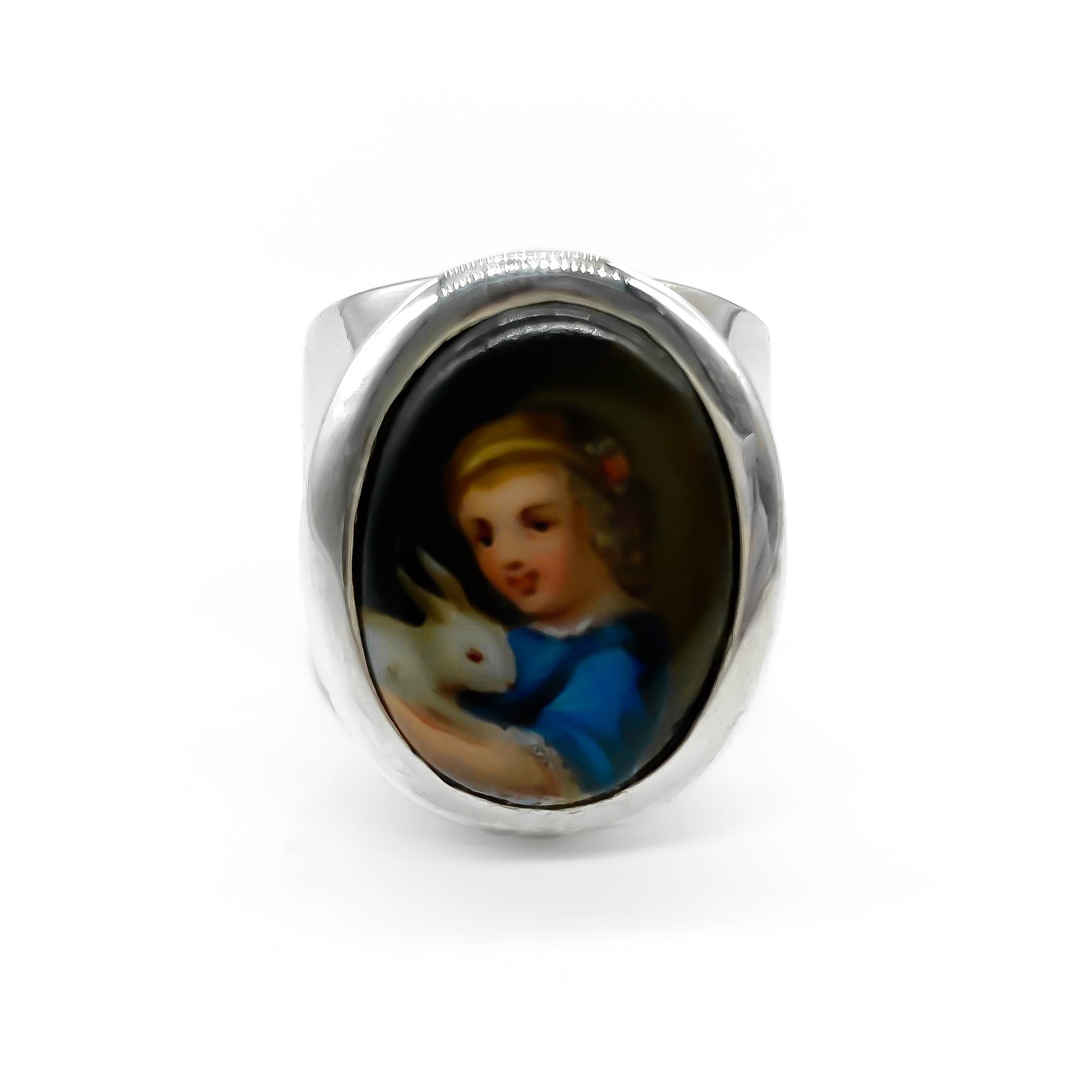 Very unusual heavy silver vintage ring set with a hand painted porcelain picture.