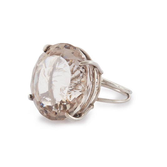 Impressive vintage silver ring set with a spectacular, very large, multi-faceted light grey smoky quartz gemstone. Large ring size. Italy