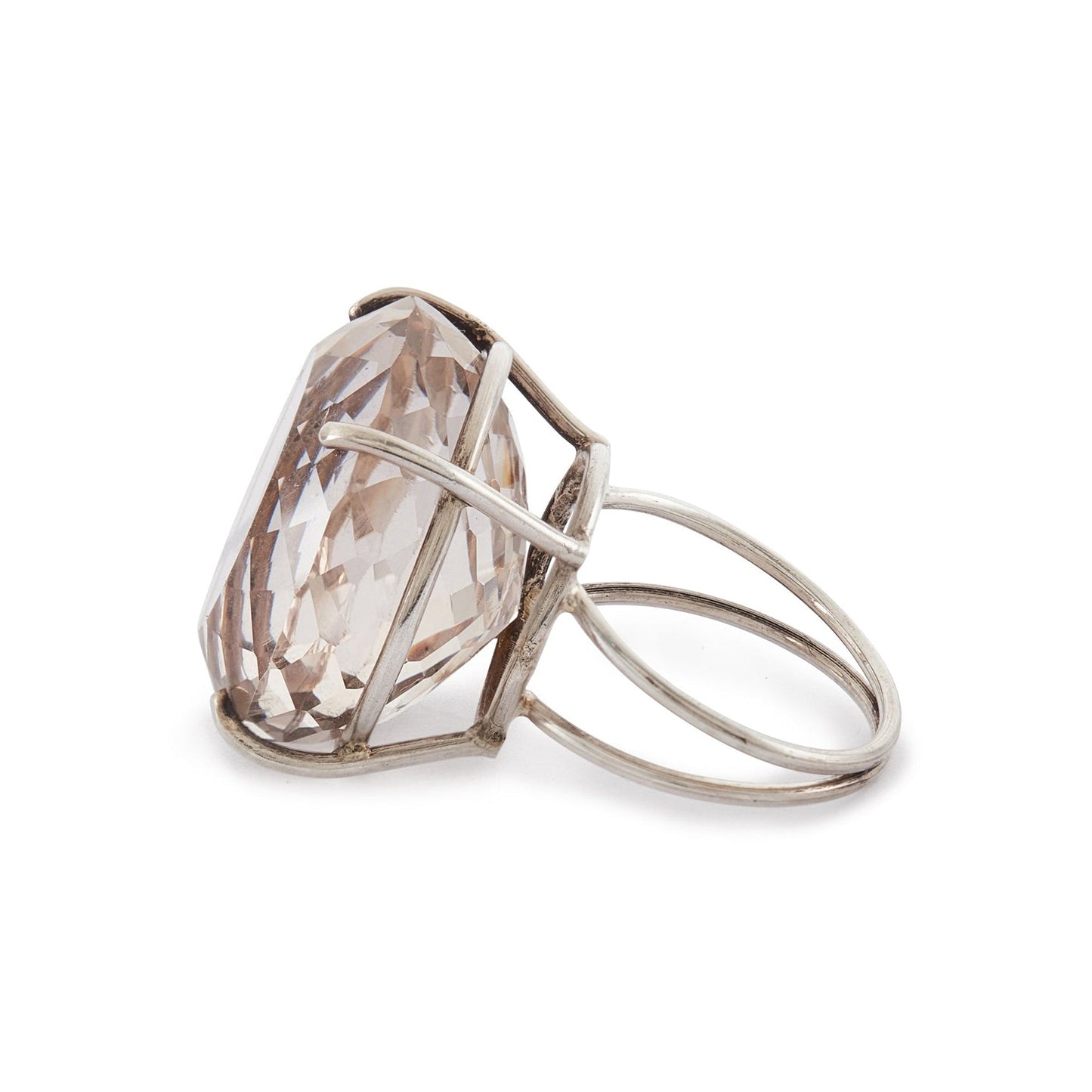 Impressive vintage silver ring set with a spectacular, very large, multi-faceted light grey smoky quartz gemstone. Large ring size. Italy