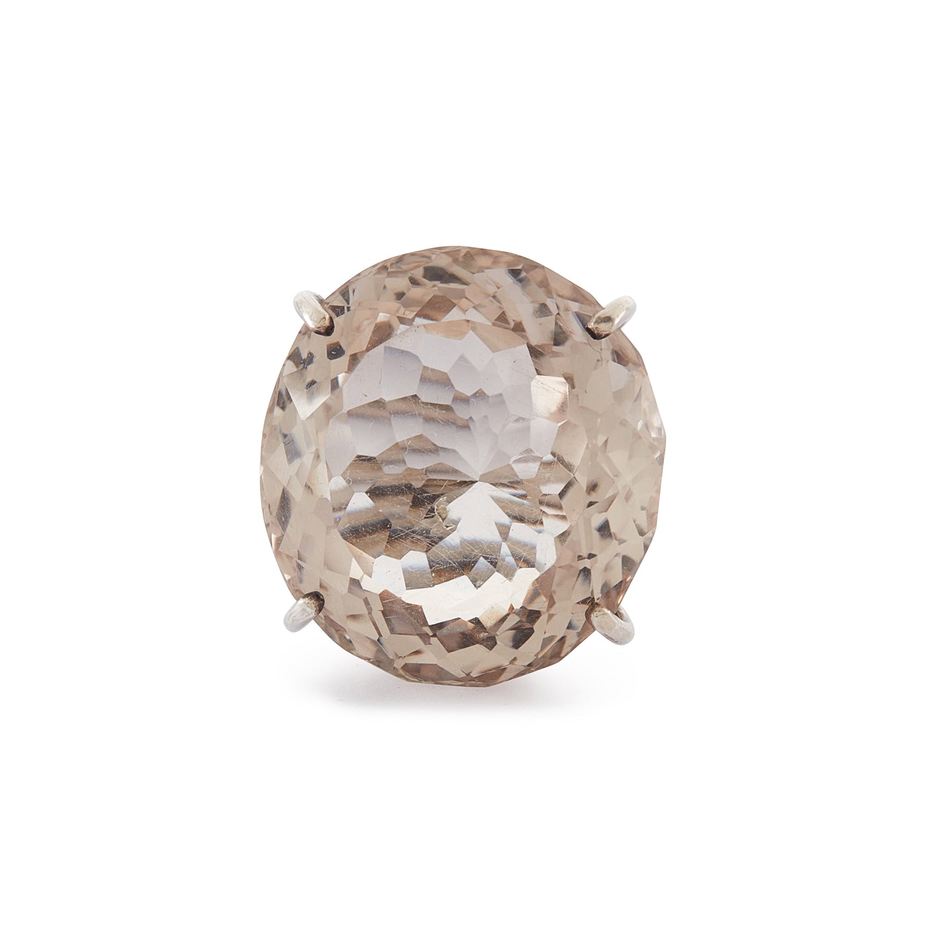 Impressive vintage silver ring set with a spectacular, very large, multi-faceted light grey smoky quartz gemstone. Large ring size. Italy