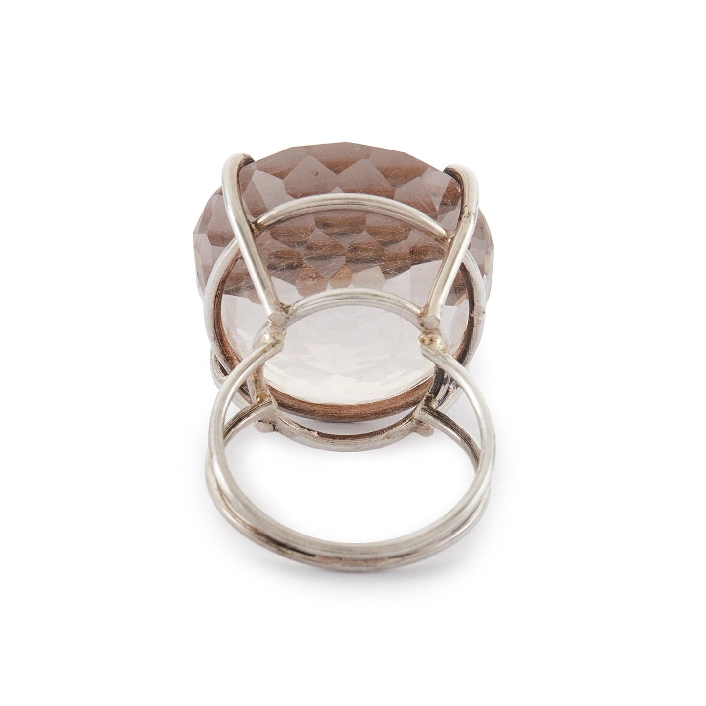 Impressive vintage silver ring set with a spectacular, very large, multi-faceted light grey smoky quartz gemstone. Large ring size. Italy
