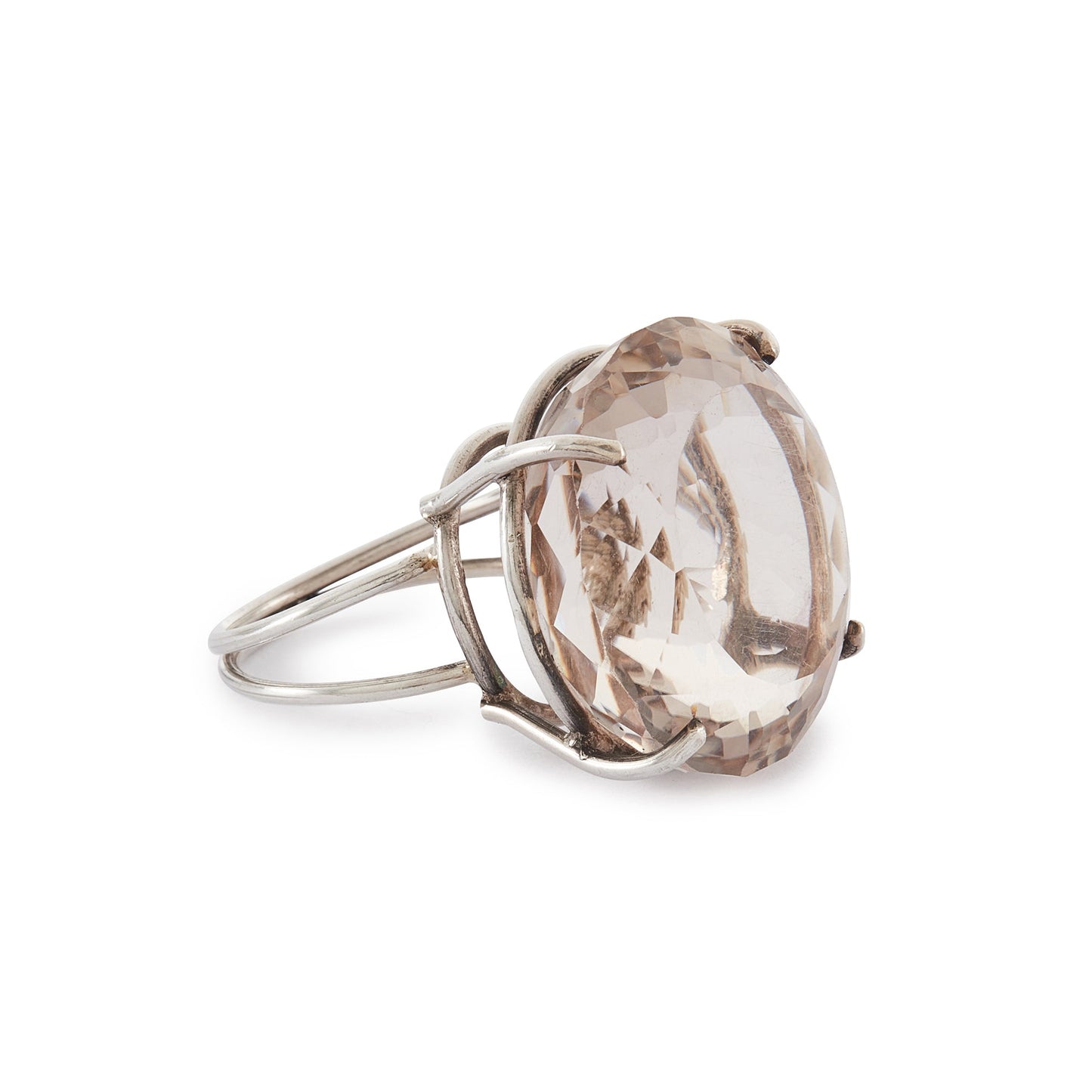 Impressive vintage silver ring set with a spectacular, very large, multi-faceted light grey smoky quartz gemstone. Large ring size. Italy
