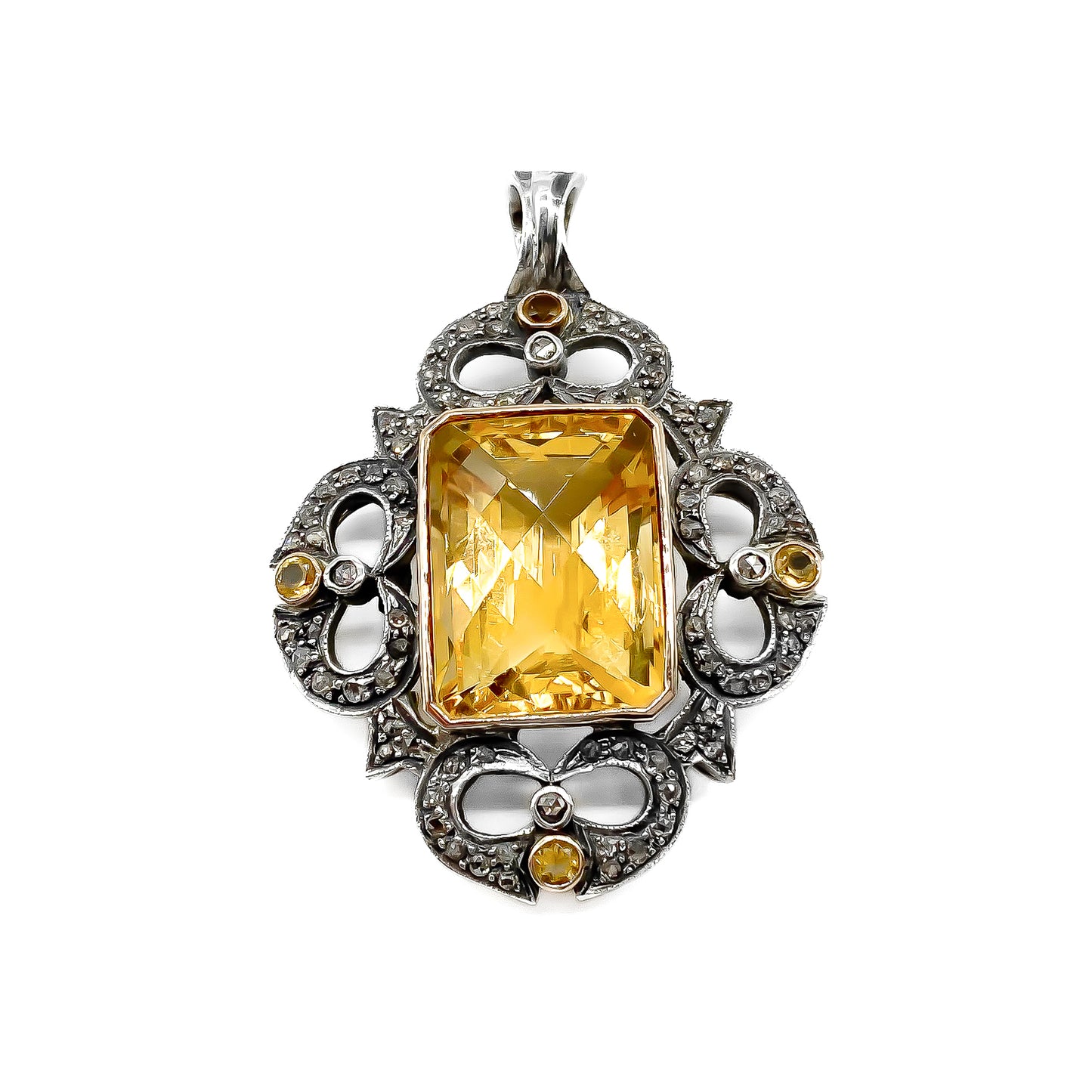 Gorgeous rose gold and silver pendant set with a beautifully faceted rectangular citrine and four smaller round citrines in a pavé diamond setting.