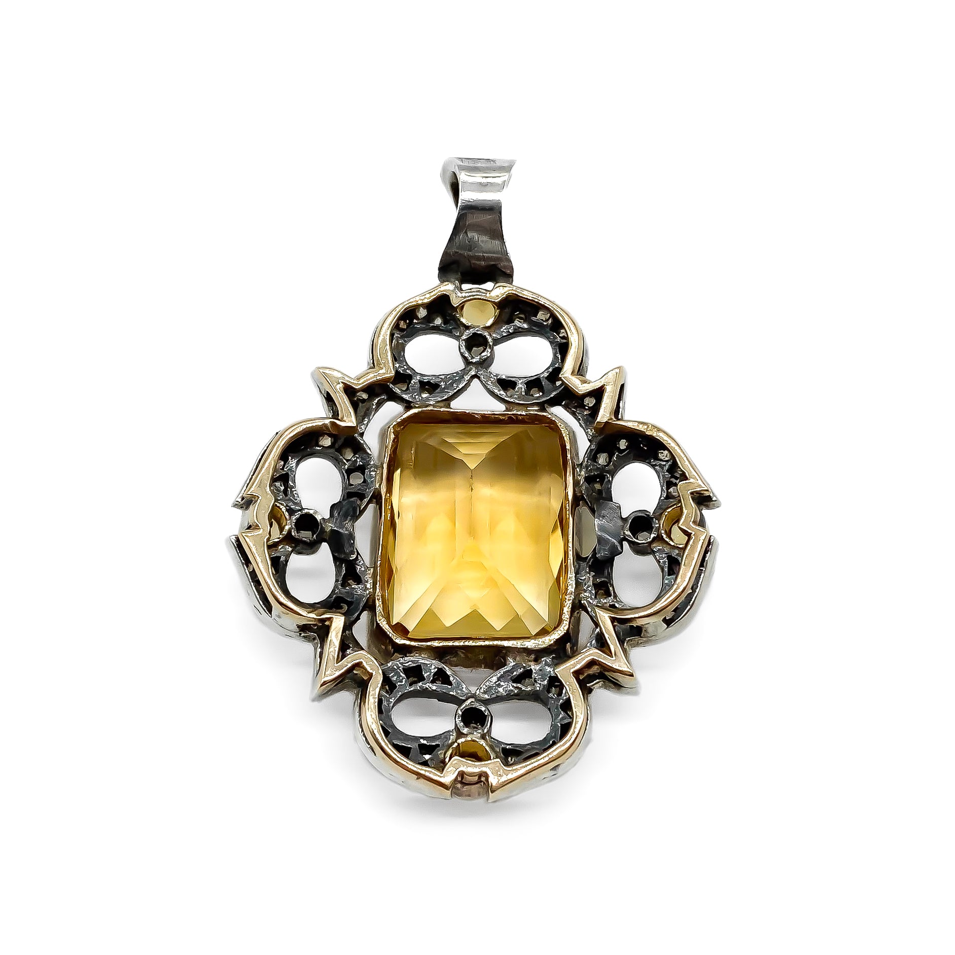 Gorgeous rose gold and silver pendant set with a beautifully faceted rectangular citrine and four smaller round citrines in a pavé diamond setting.