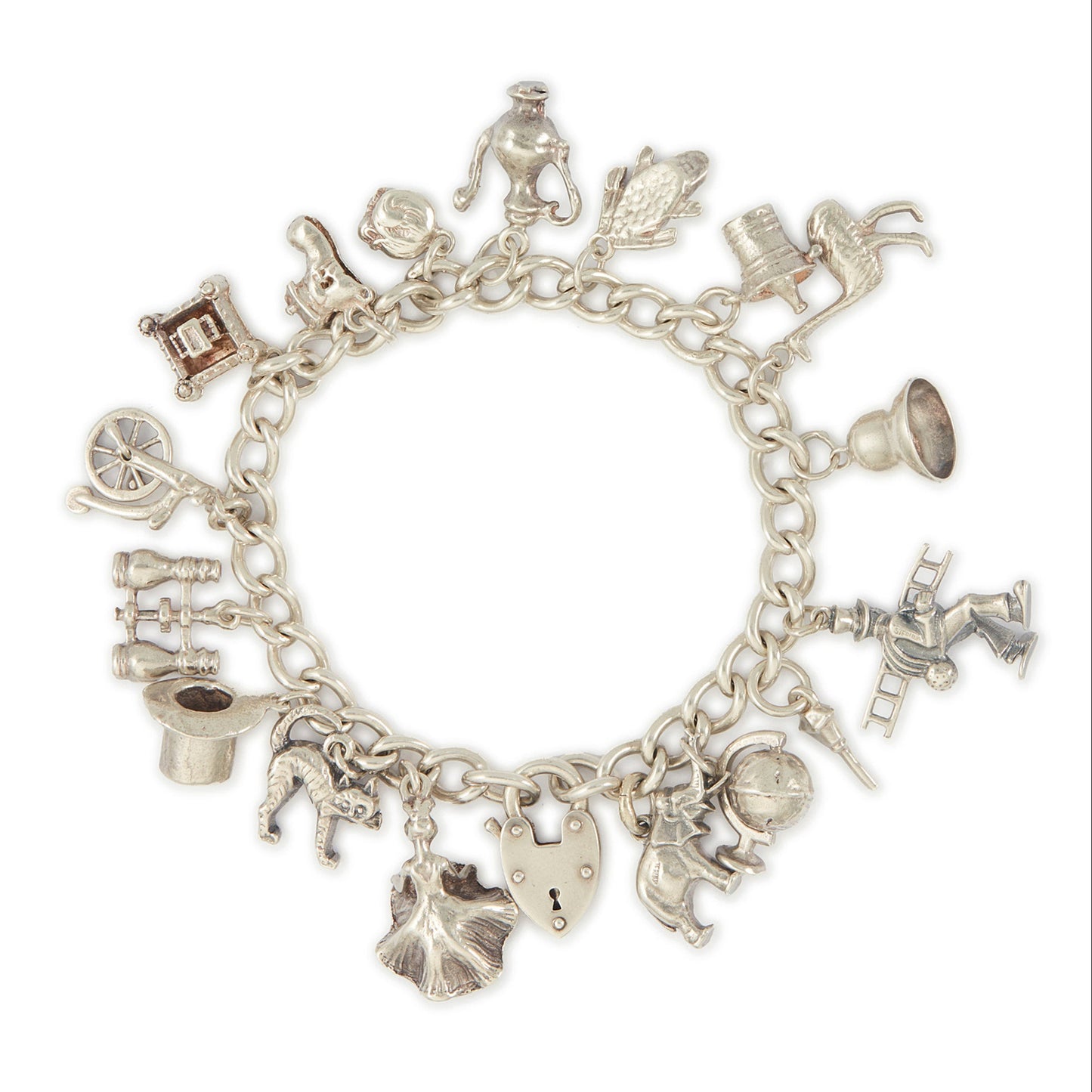 Chunky vintage sterling silver curb link bracelet with seventeen whimsical charms and a heavy padlock. The bracelet has a nice weight to it. 