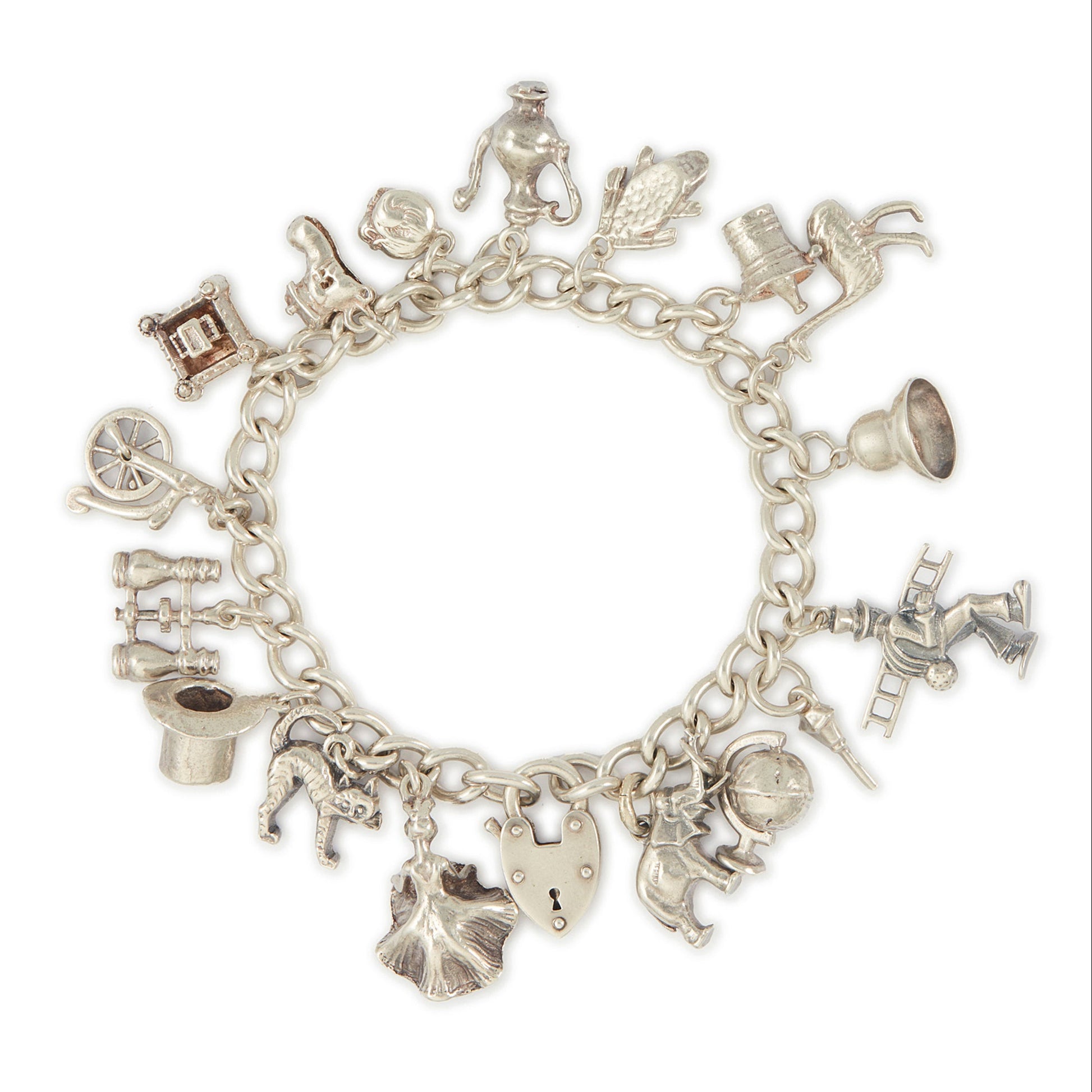 Chunky vintage sterling silver curb link bracelet with seventeen whimsical charms and a heavy padlock. The bracelet has a nice weight to it. 