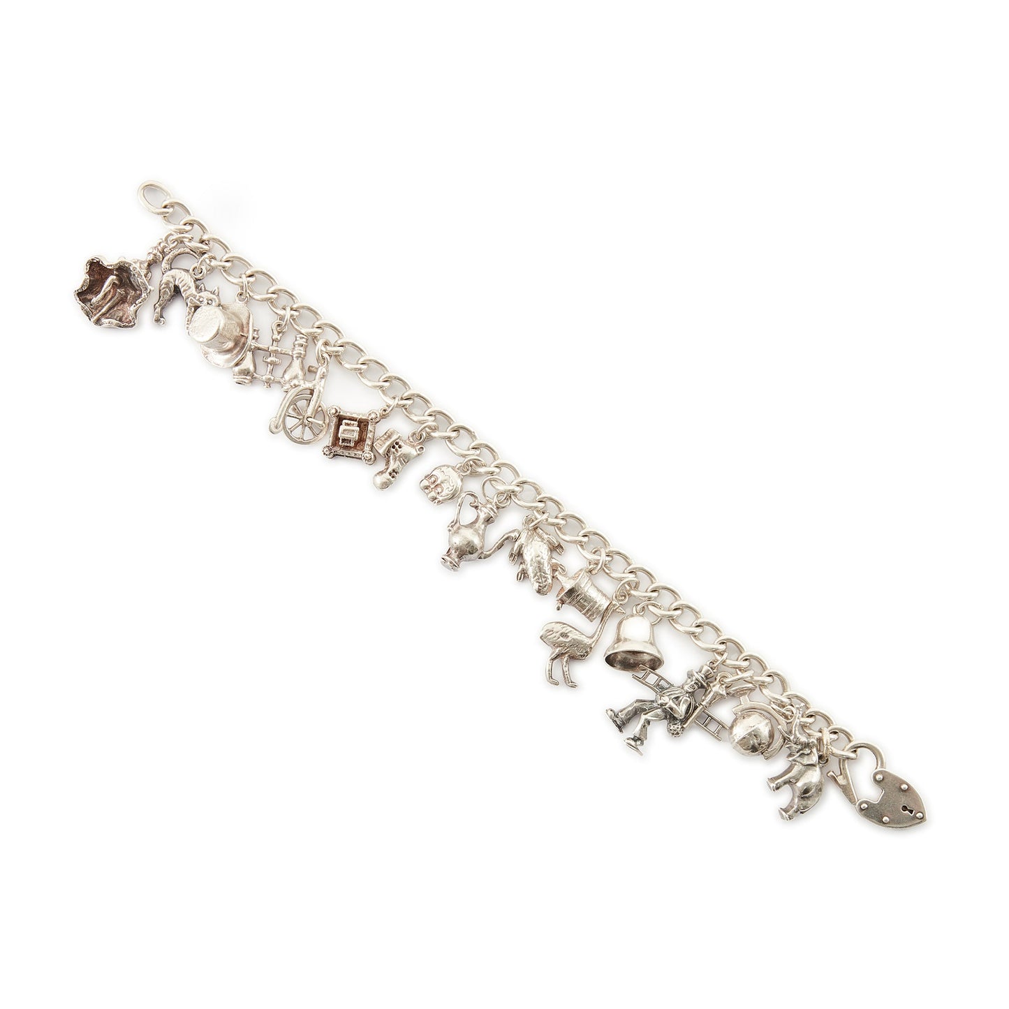 Chunky vintage sterling silver curb link bracelet with seventeen whimsical charms and a heavy padlock. The bracelet has a nice weight to it. 
