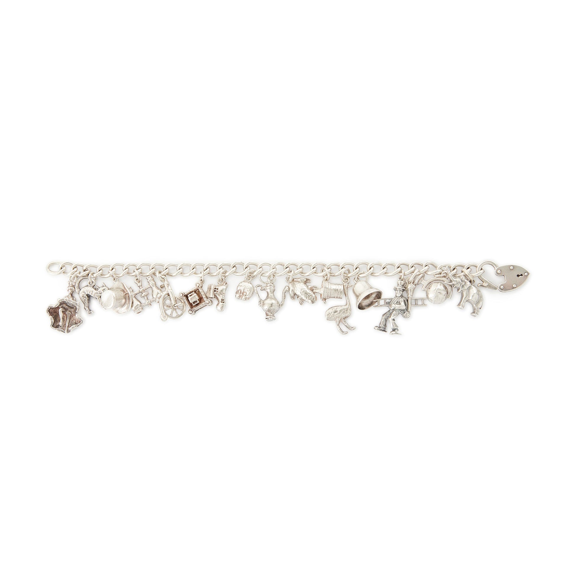 Chunky vintage sterling silver curb link bracelet with seventeen whimsical charms and a heavy padlock. The bracelet has a nice weight to it. 