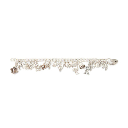 Chunky vintage sterling silver curb link bracelet with seventeen whimsical charms and a heavy padlock. The bracelet has a nice weight to it. 