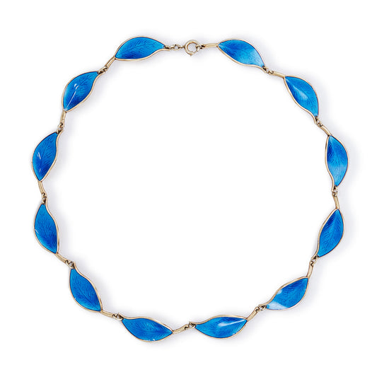 Lovely vintage sterling silver gilt David Andersen necklace with vibrant blue enamel leaves. Norway.