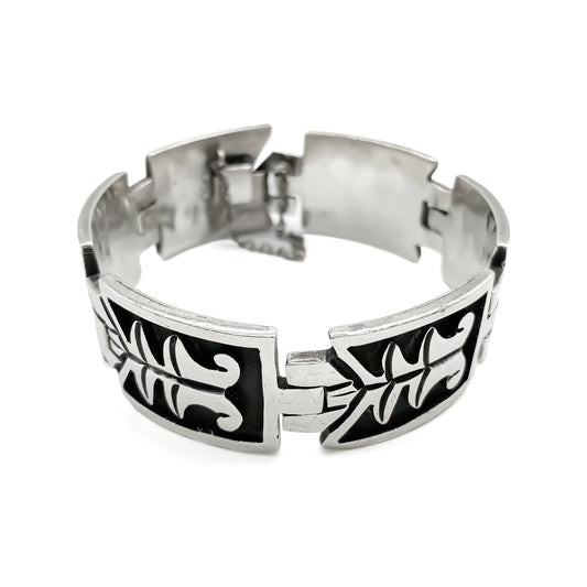 Heavy sterling silver Mexican panel bracelet with a geometric design. Taxco.  Designer made. Eagle Hallmark