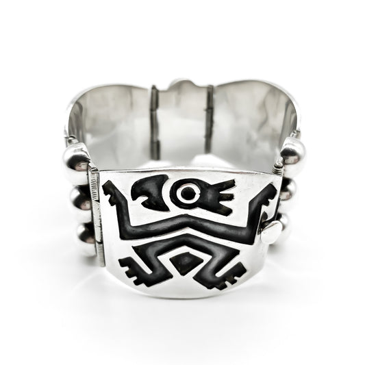 Stunning vintage sterling silver Mexican panel bracelet. Pre-Columbian design. (Post 1980)