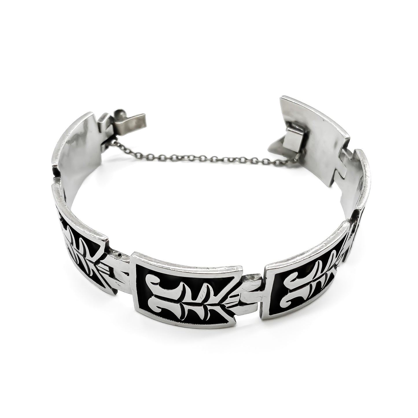 Heavy sterling silver Mexican panel bracelet with a geometric design. Taxco.  Designer made. Eagle Hallmark