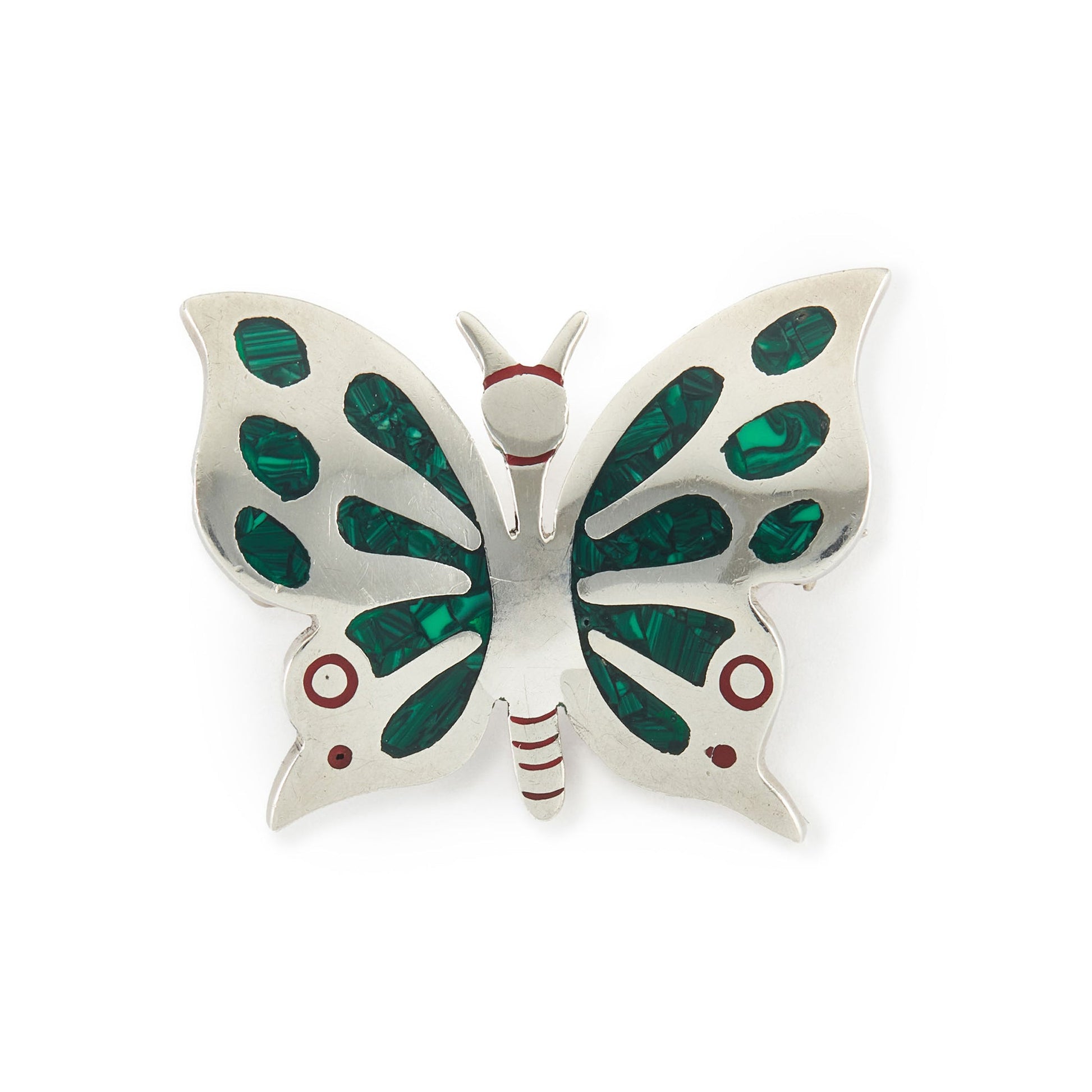 Rare vintage sterling silver Mexican butterfly brooch with green malachite inlay and red enamelling. Can also be worn as a brooch. Los Ballesteros
