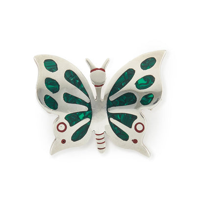 Rare vintage sterling silver Mexican butterfly brooch with green malachite inlay and red enamelling. Can also be worn as a brooch. Los Ballesteros