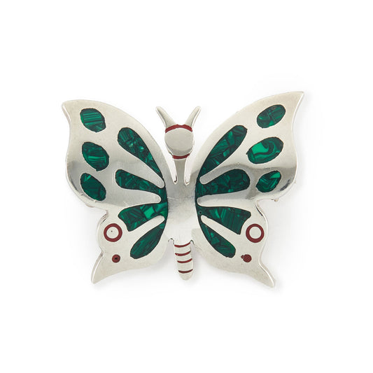 Rare vintage sterling silver Mexican butterfly brooch with green malachite inlay and red enamelling. Can also be worn as a brooch. Los Ballesteros