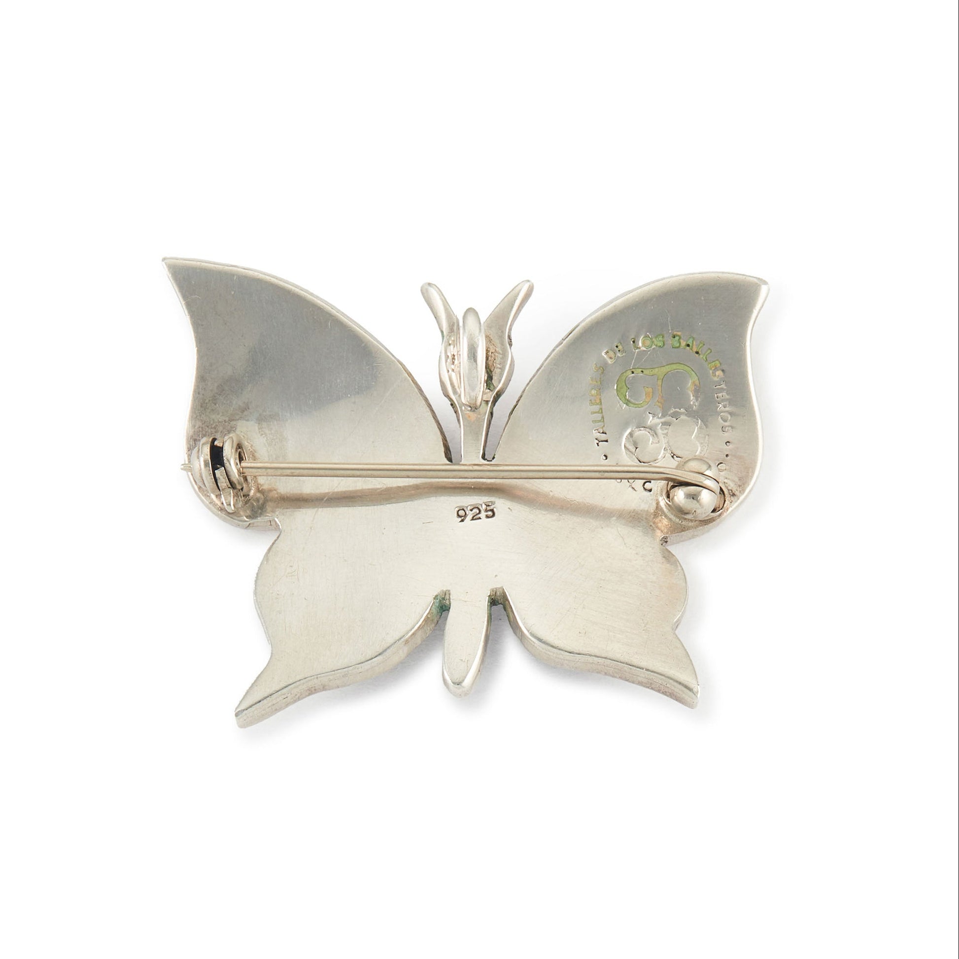 Rare vintage sterling silver Mexican butterfly brooch with green malachite inlay and red enamelling. Can also be worn as a brooch. Los Ballesteros
